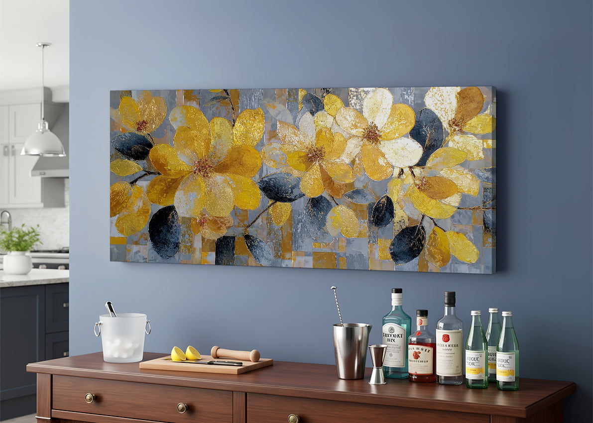 Golden Floral Canvas Wall Art – Modern Yellow Flower Painting – Single & 3 Panel Canvas – AI PRINT LAB