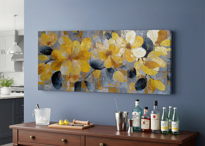 Golden Floral Canvas Wall Art – Modern Yellow Flower Painting – Single & 3 Panel Canvas – AI PRINT LAB
