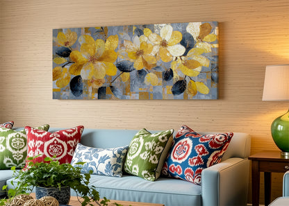 Golden Floral Canvas Wall Art – Modern Yellow Flower Painting – Single & 3 Panel Canvas – AI PRINT LAB