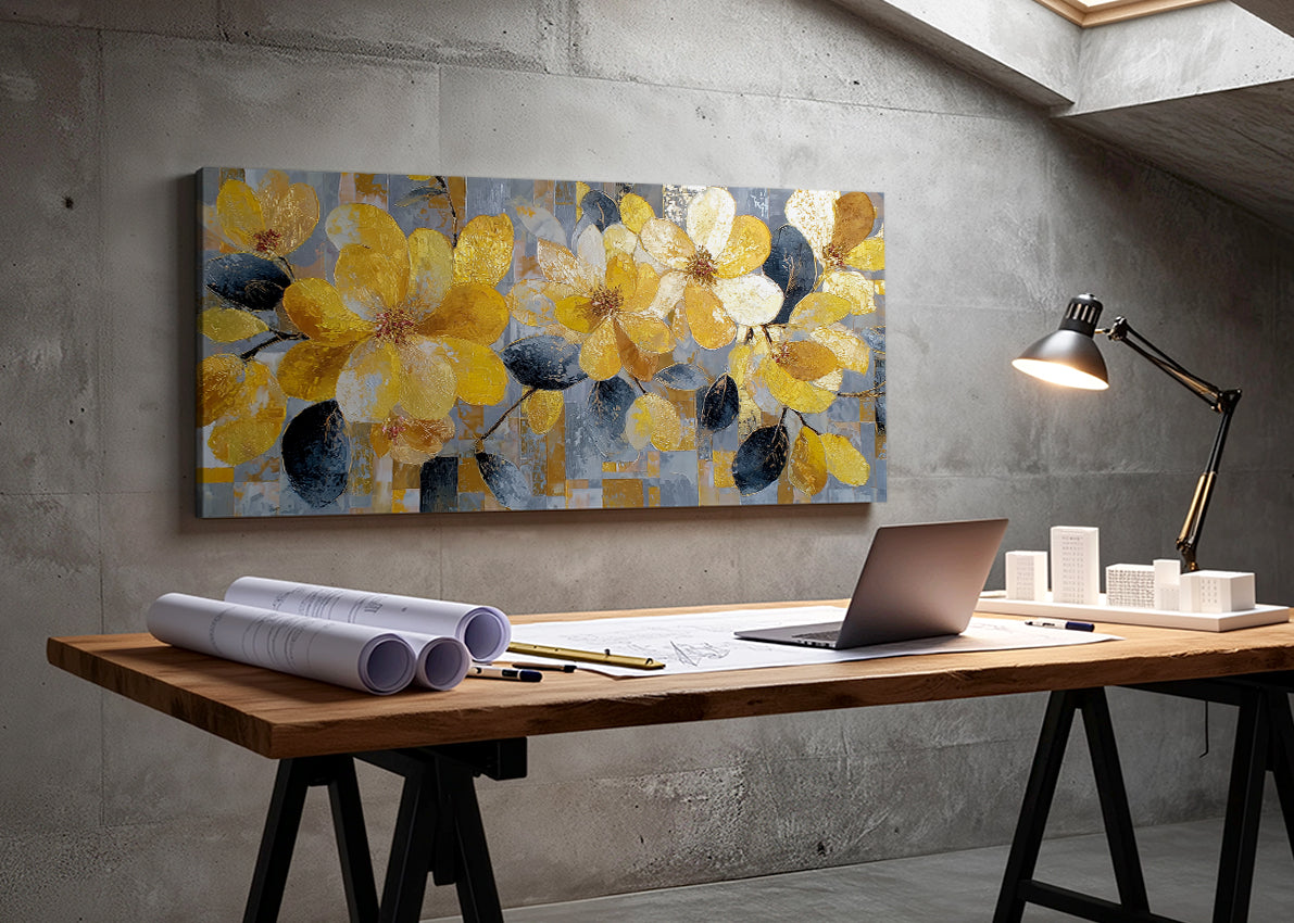 Golden Floral Canvas Wall Art – Modern Yellow Flower Painting – Single & 3 Panel Canvas – AI PRINT LAB