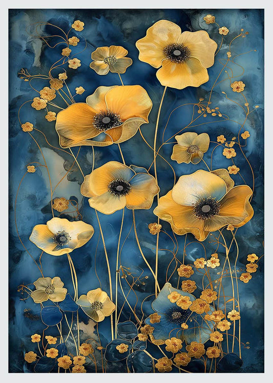 Golden Flowers on Midnight Blue – Elegant Floral Canvas & Poster Wall Art – T1211 – AiPrintLab