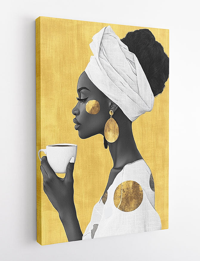 Golden Grace – Elegant Woman with Coffee Canvas & Poster Wall Art – T1017 – AiPrintLab