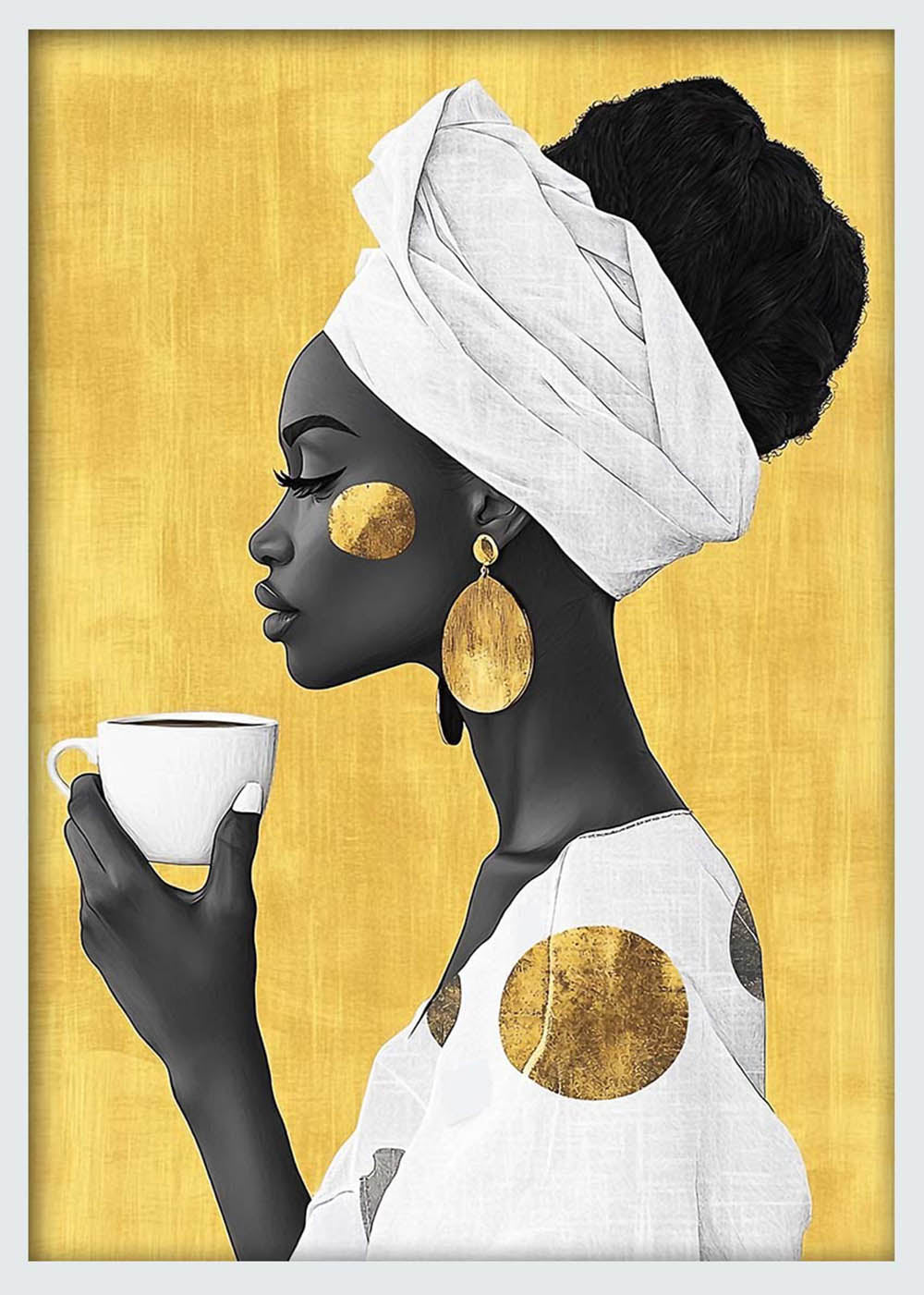 Golden Grace – Elegant Woman with Coffee Canvas & Poster Wall Art – T1017 – AiPrintLab