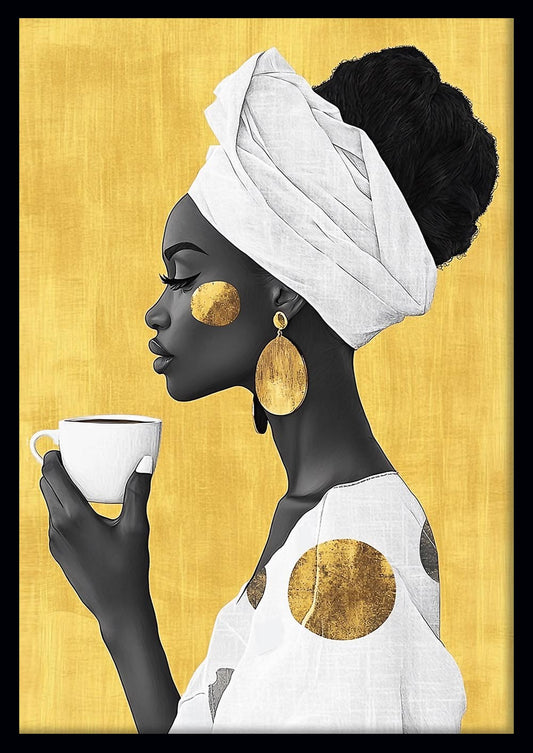 Golden Grace – Elegant Woman with Coffee Canvas & Poster Wall Art – T1017 – AiPrintLab