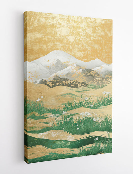 Golden Hills and Snowy Peaks – Japanese Nature Canvas & Poster Print – T1431 –