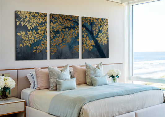 Golden Leaves Branch Canvas Wall Art – Elegant Blue & Gold Tree Painting – Single & 3 Panel Canvas – AI PRINT LAB