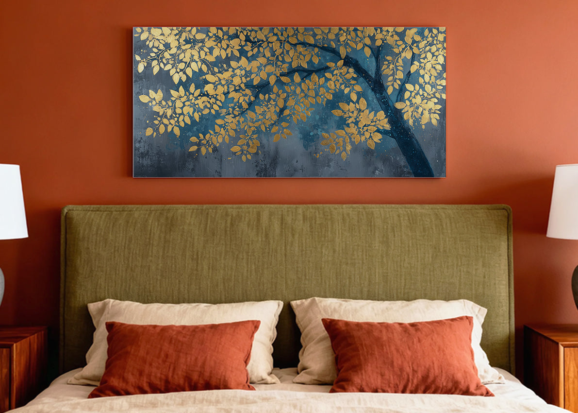Golden Leaves Branch Canvas Wall Art – Elegant Blue & Gold Tree Painting – Single & 3 Panel Canvas – AI PRINT LAB