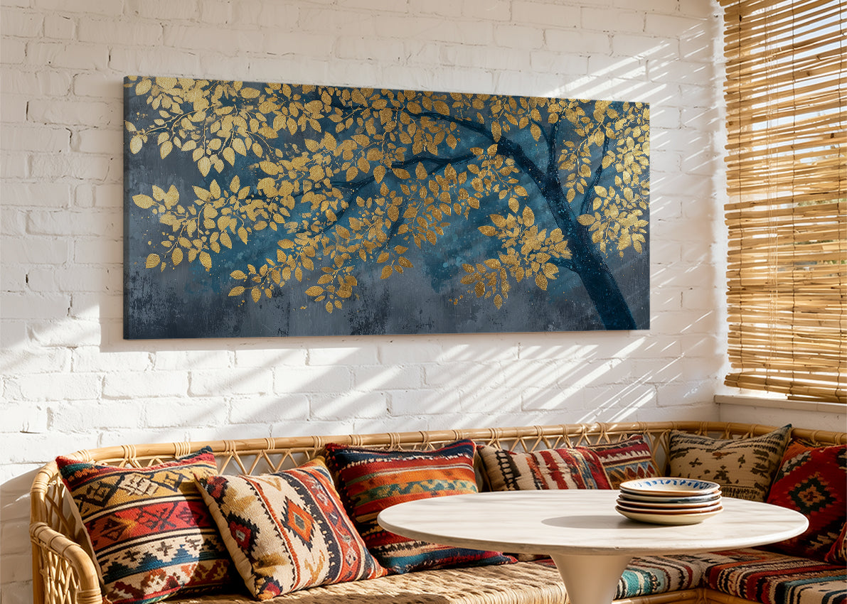 Golden Leaves Branch Canvas Wall Art – Elegant Blue & Gold Tree Painting – Single & 3 Panel Canvas – AI PRINT LAB