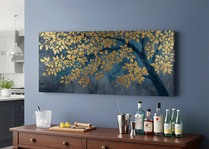 Golden Leaves Branch Canvas Wall Art – Elegant Blue & Gold Tree Painting – Single & 3 Panel Canvas – AI PRINT LAB