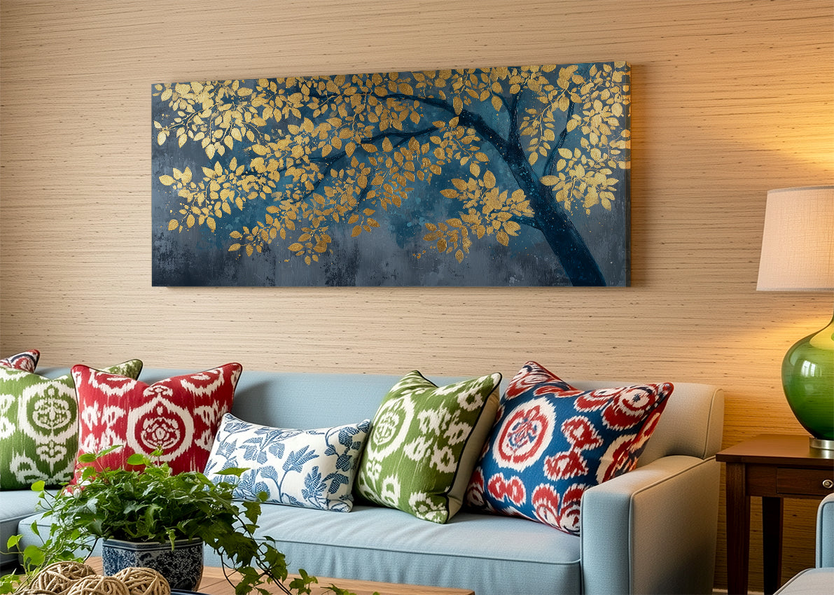 Golden Leaves Branch Canvas Wall Art – Elegant Blue & Gold Tree Painting – Single & 3 Panel Canvas – AI PRINT LAB