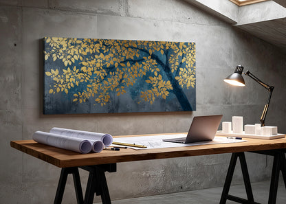 Golden Leaves Branch Canvas Wall Art – Elegant Blue & Gold Tree Painting – Single & 3 Panel Canvas – AI PRINT LAB