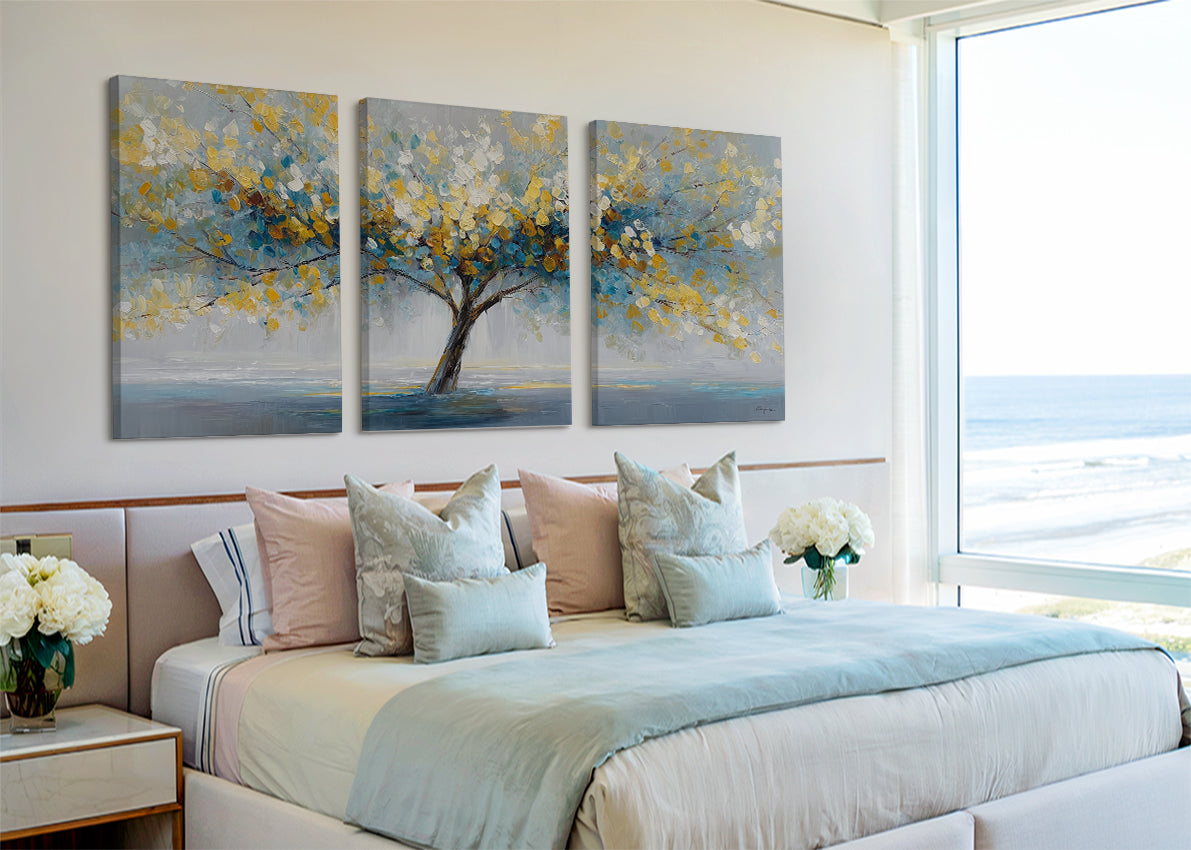 Golden Leaves Tree Canvas Wall Art – Modern Abstract Nature Landscape – Single & 3 Panel Canvas – AI PRINT LAB