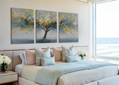 Golden Leaves Tree Canvas Wall Art – Modern Abstract Nature Landscape – Single & 3 Panel Canvas – AI PRINT LAB