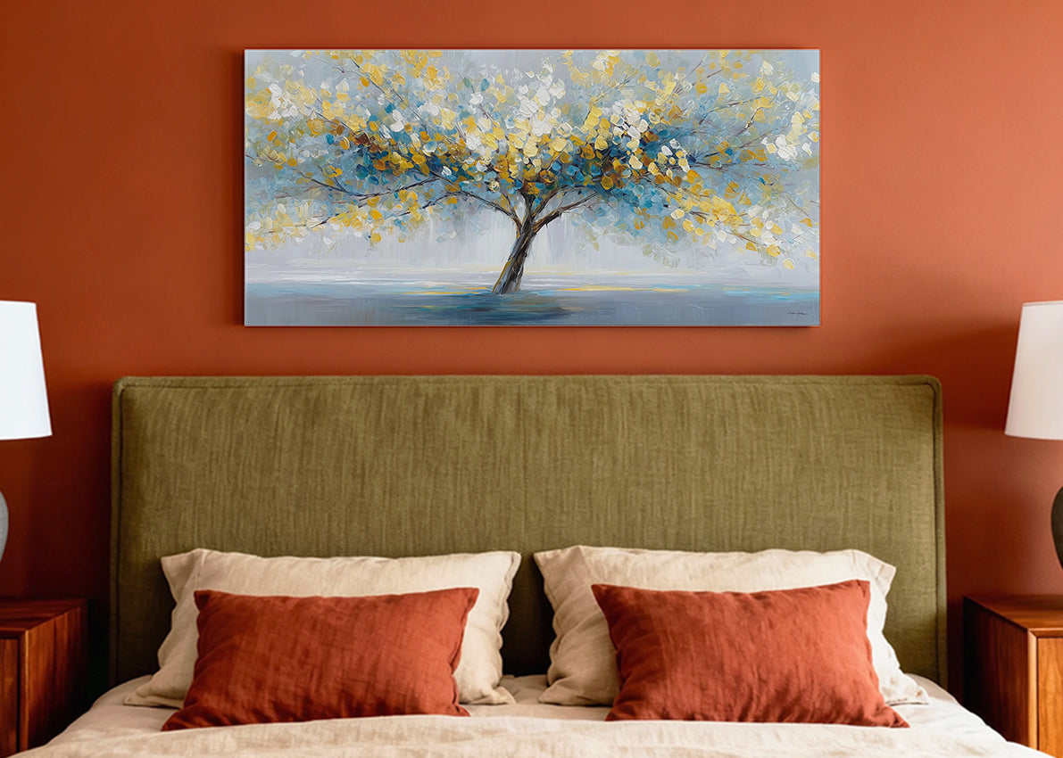 Golden Leaves Tree Canvas Wall Art – Modern Abstract Nature Landscape – Single & 3 Panel Canvas – AI PRINT LAB