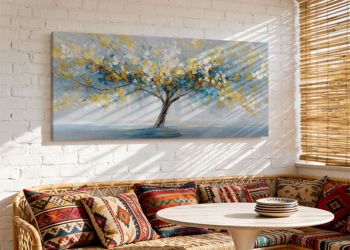 Golden Leaves Tree Canvas Wall Art – Modern Abstract Nature Landscape – Single & 3 Panel Canvas – AI PRINT LAB