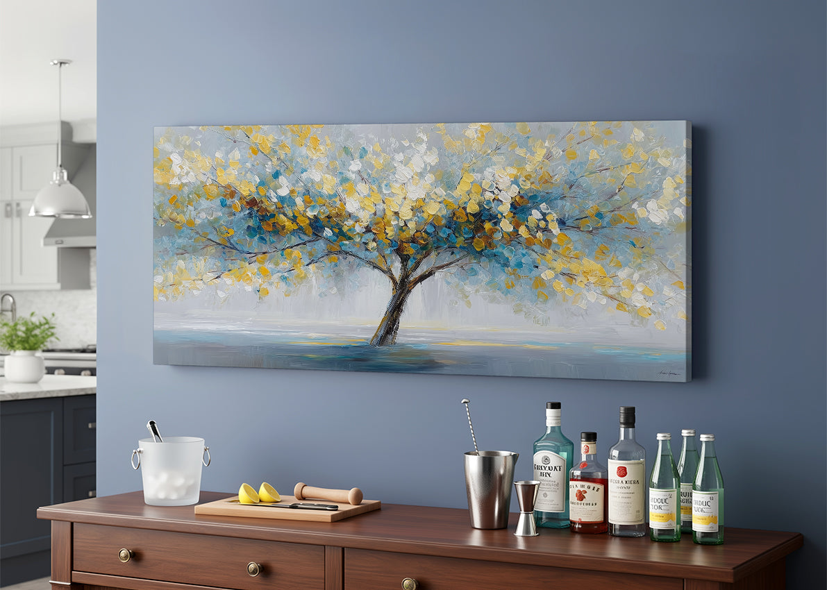 Golden Leaves Tree Canvas Wall Art – Modern Abstract Nature Landscape – Single & 3 Panel Canvas – AI PRINT LAB