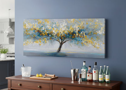 Golden Leaves Tree Canvas Wall Art – Modern Abstract Nature Landscape – Single & 3 Panel Canvas – AI PRINT LAB