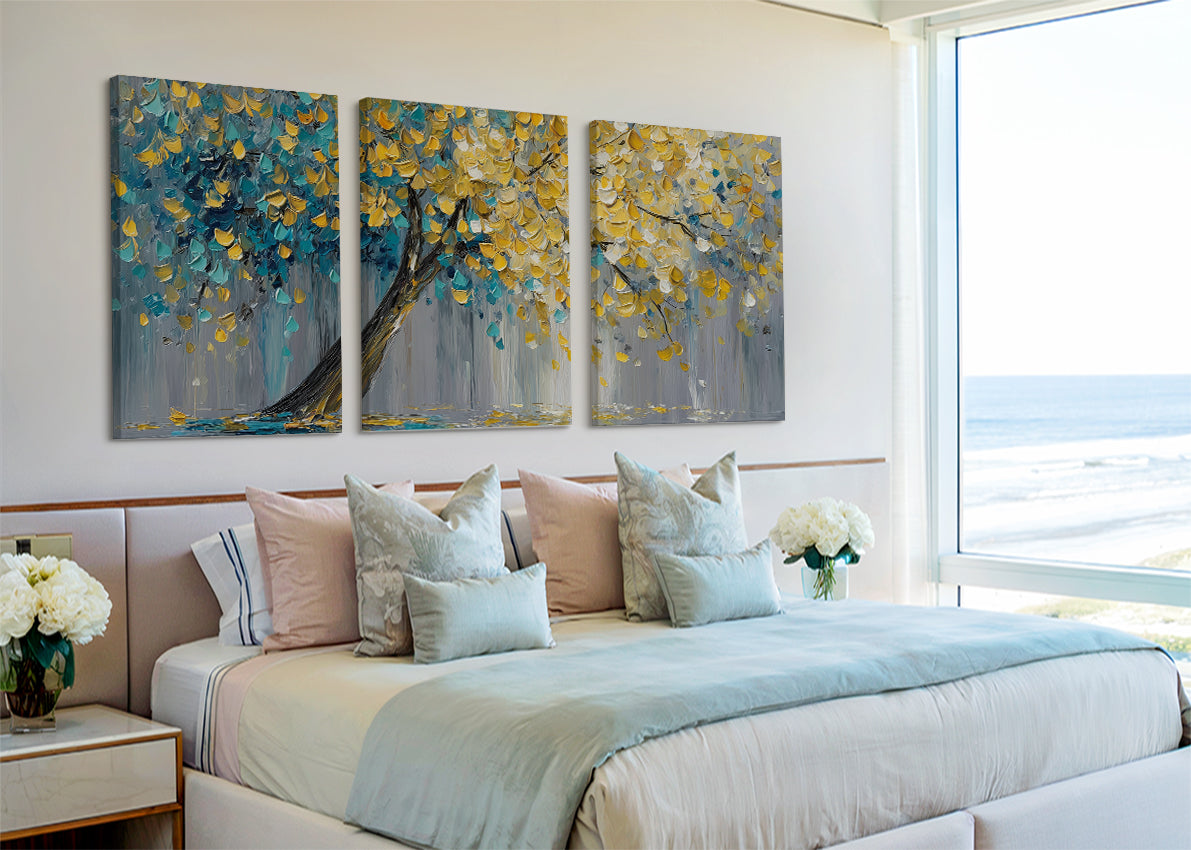 Golden Leaves Tree Canvas Wall Art – Textured Blue & Gold Tree Painting – Single & 3 Panel Canvas – AI PRINT LAB