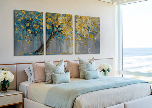 Golden Leaves Tree Canvas Wall Art – Textured Blue & Gold Tree Painting – Single & 3 Panel Canvas – AI PRINT LAB