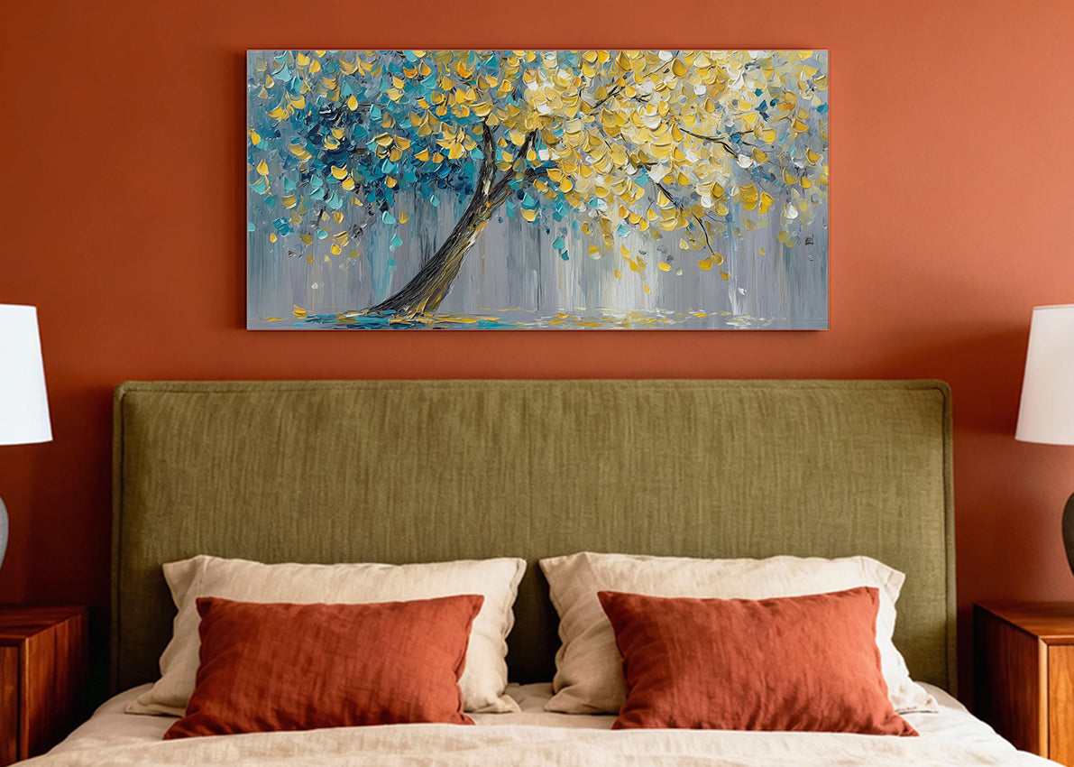 Golden Leaves Tree Canvas Wall Art – Textured Blue & Gold Tree Painting – Single & 3 Panel Canvas – AI PRINT LAB