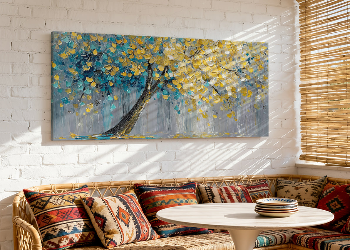 Golden Leaves Tree Canvas Wall Art – Textured Blue & Gold Tree Painting – Single & 3 Panel Canvas – AI PRINT LAB