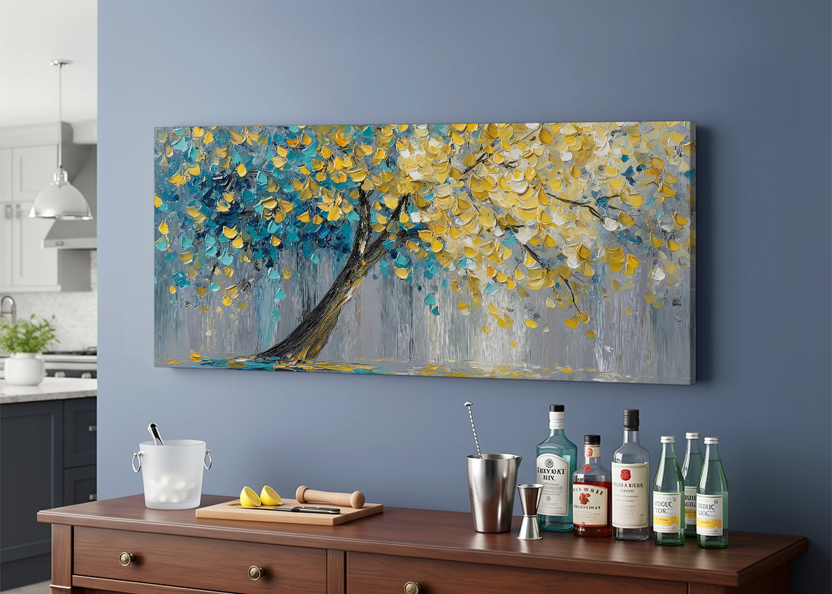 Golden Leaves Tree Canvas Wall Art – Textured Blue & Gold Tree Painting – Single & 3 Panel Canvas – AI PRINT LAB