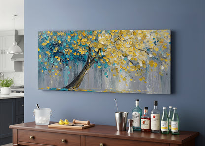 Golden Leaves Tree Canvas Wall Art – Textured Blue & Gold Tree Painting – Single & 3 Panel Canvas – AI PRINT LAB