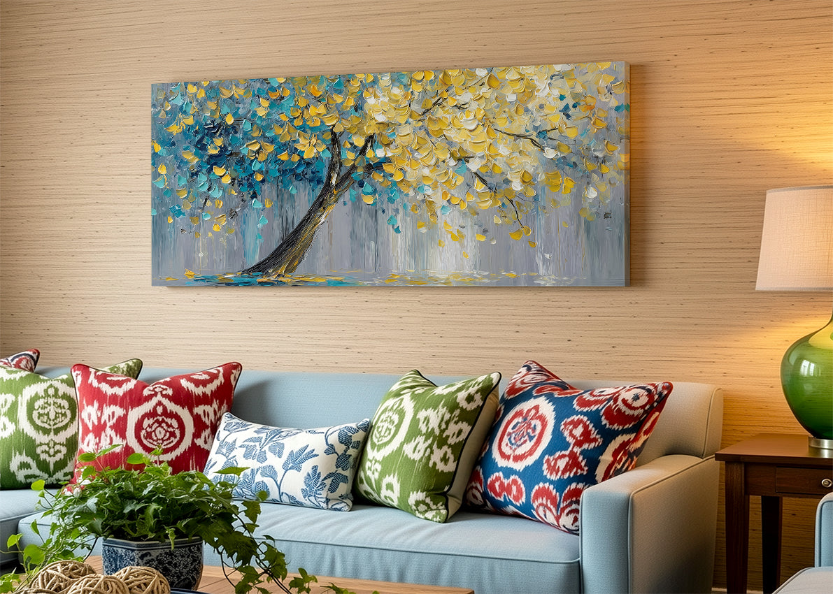 Golden Leaves Tree Canvas Wall Art – Textured Blue & Gold Tree Painting – Single & 3 Panel Canvas – AI PRINT LAB