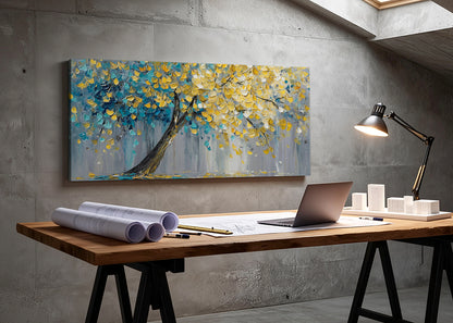 Golden Leaves Tree Canvas Wall Art – Textured Blue & Gold Tree Painting – Single & 3 Panel Canvas – AI PRINT LAB