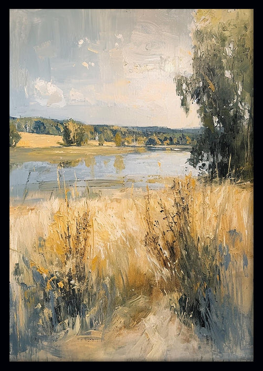 Golden Meadow by the River – Rustic Landscape Oil Style Canvas Wall Art & Poster Print – T1116 – AiPrintLab