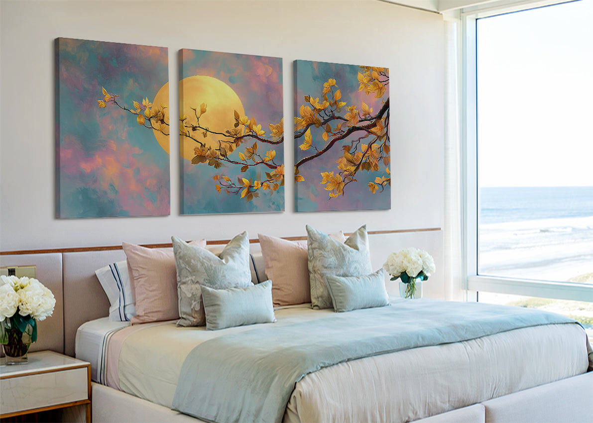 Golden Moon Blossom Canvas Wall Art – Dreamy Floral Moon Landscape – Single & 3 Panel Canvas – AI PRINT LAB