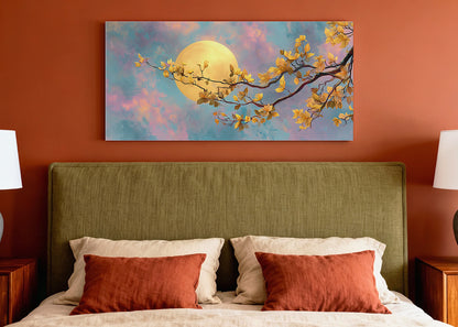 Golden Moon Blossom Canvas Wall Art – Dreamy Floral Moon Landscape – Single & 3 Panel Canvas – AI PRINT LAB