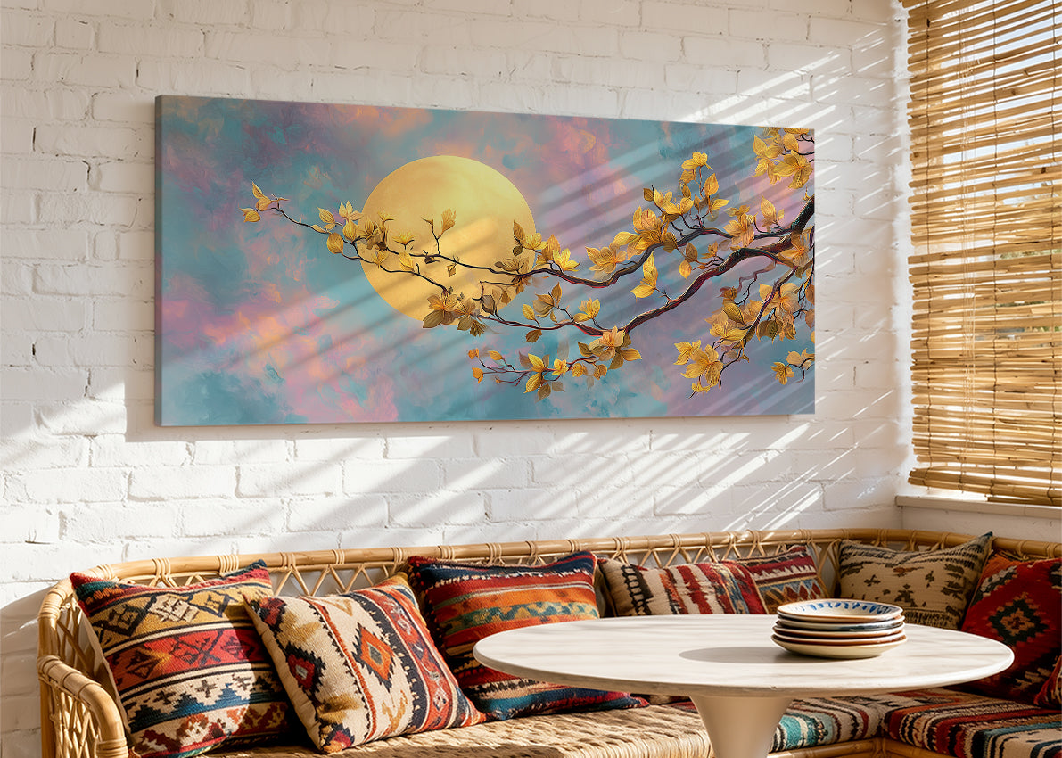 Golden Moon Blossom Canvas Wall Art – Dreamy Floral Moon Landscape – Single & 3 Panel Canvas – AI PRINT LAB