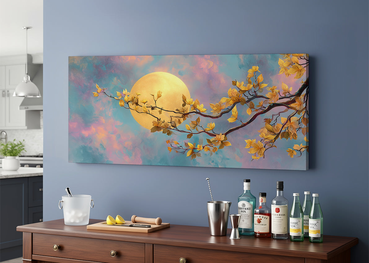 Golden Moon Blossom Canvas Wall Art – Dreamy Floral Moon Landscape – Single & 3 Panel Canvas – AI PRINT LAB