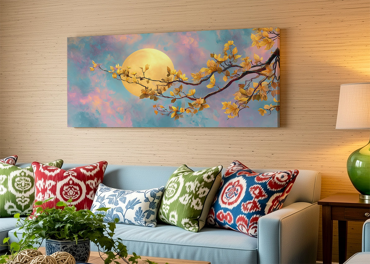 Golden Moon Blossom Canvas Wall Art – Dreamy Floral Moon Landscape – Single & 3 Panel Canvas – AI PRINT LAB