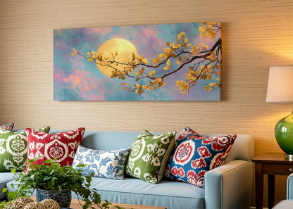 Golden Moon Blossom Canvas Wall Art – Dreamy Floral Moon Landscape – Single & 3 Panel Canvas – AI PRINT LAB