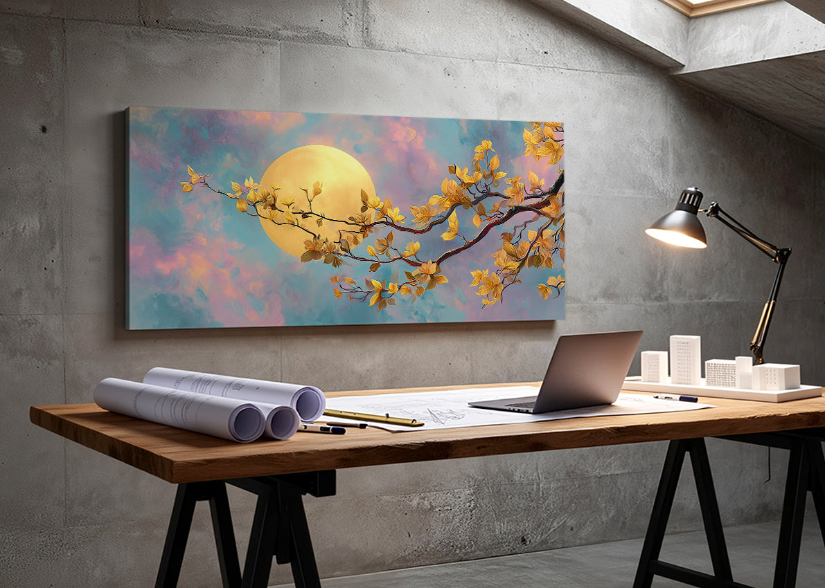 Golden Moon Blossom Canvas Wall Art – Dreamy Floral Moon Landscape – Single & 3 Panel Canvas – AI PRINT LAB