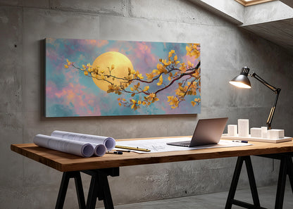 Golden Moon Blossom Canvas Wall Art – Dreamy Floral Moon Landscape – Single & 3 Panel Canvas – AI PRINT LAB