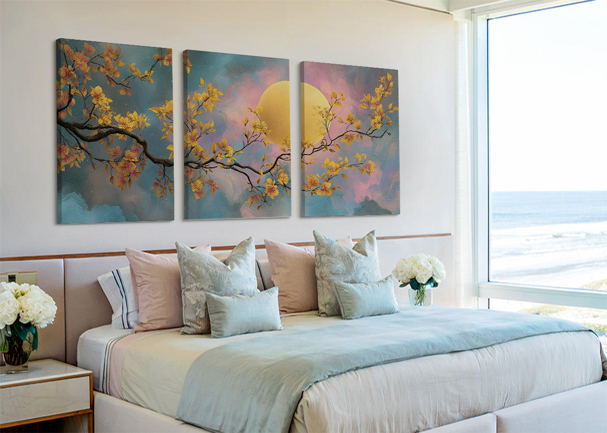 Golden Moon Blossom Canvas Wall Art – Elegant Floral Night Landscape – Single & 3 Panel Canvas – AI PRINT LAB