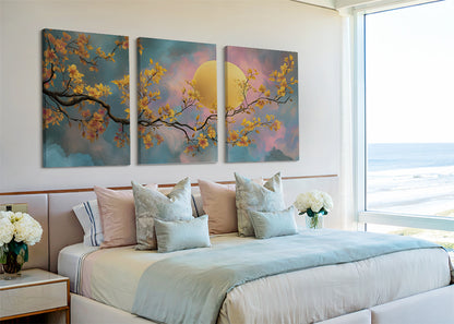 Golden Moon Blossom Canvas Wall Art – Elegant Floral Night Landscape – Single & 3 Panel Canvas – AI PRINT LAB