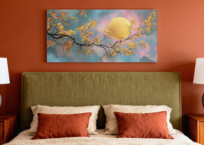 Golden Moon Blossom Canvas Wall Art – Elegant Floral Night Landscape – Single & 3 Panel Canvas – AI PRINT LAB
