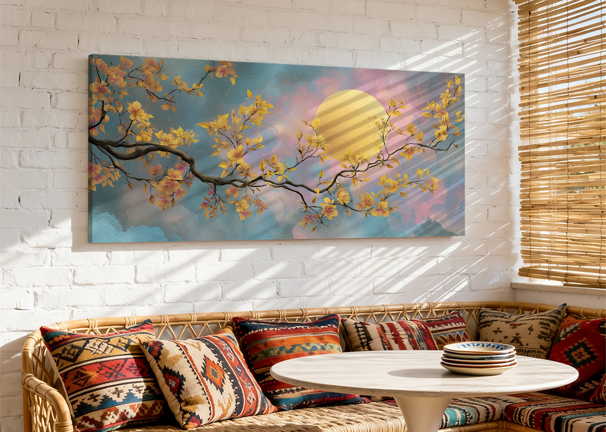 Golden Moon Blossom Canvas Wall Art – Elegant Floral Night Landscape – Single & 3 Panel Canvas – AI PRINT LAB