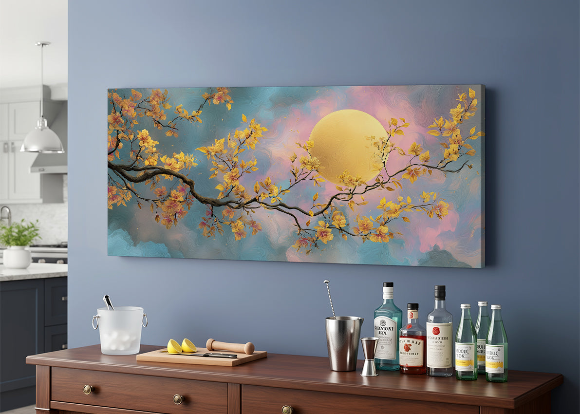 Golden Moon Blossom Canvas Wall Art – Elegant Floral Night Landscape – Single & 3 Panel Canvas – AI PRINT LAB