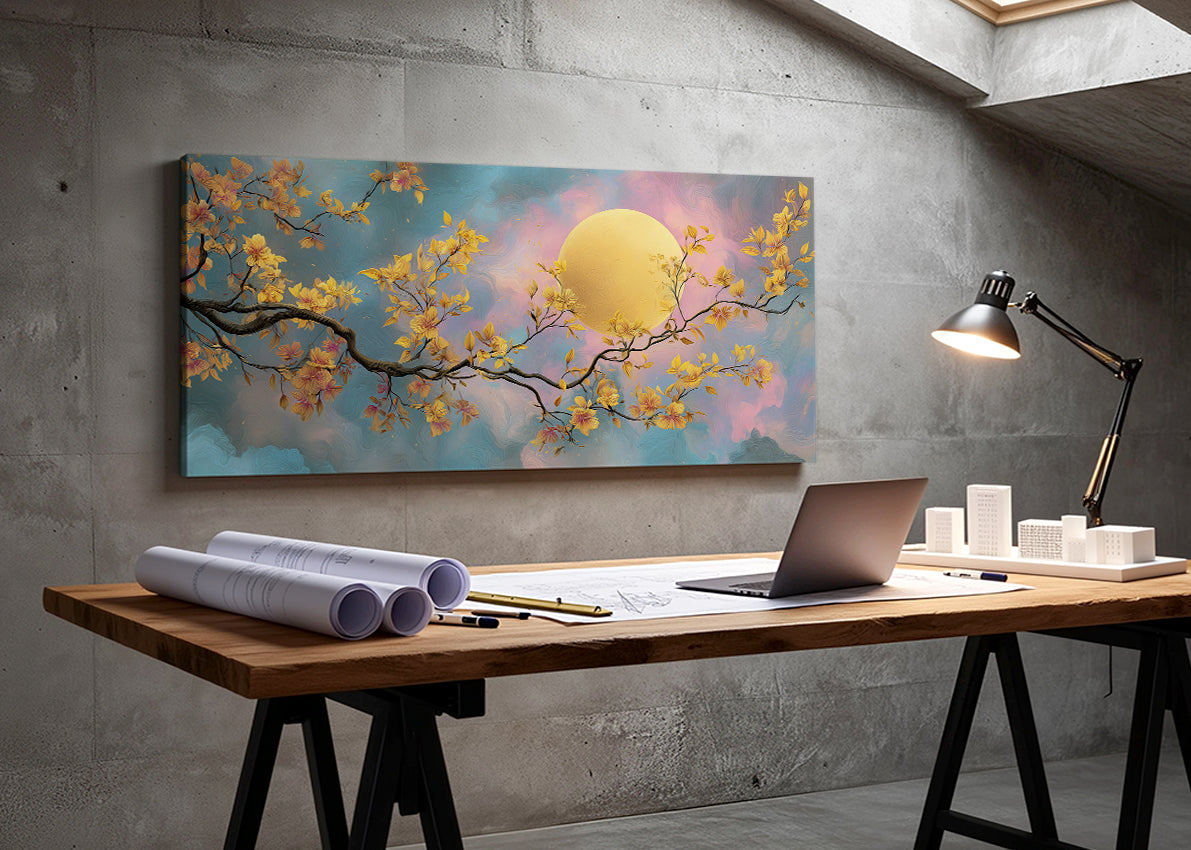 Golden Moon Blossom Canvas Wall Art – Elegant Floral Night Landscape – Single & 3 Panel Canvas – AI PRINT LAB
