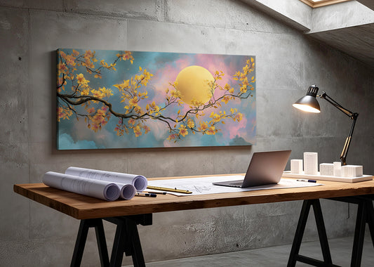 Golden Moon Blossom Canvas Wall Art – Elegant Floral Night Landscape – Single & 3 Panel Canvas – AI PRINT LAB
