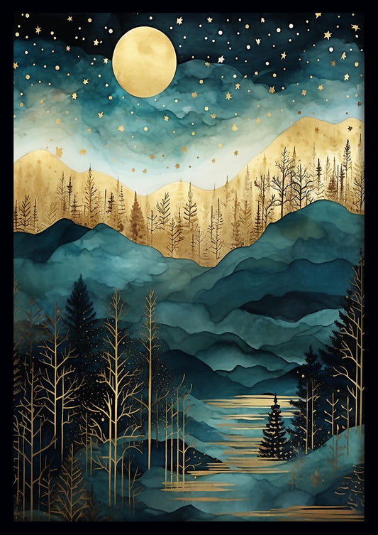 Golden Moonlit Forest Landscape Art Print & Canvas – T742 – AiPrintLab