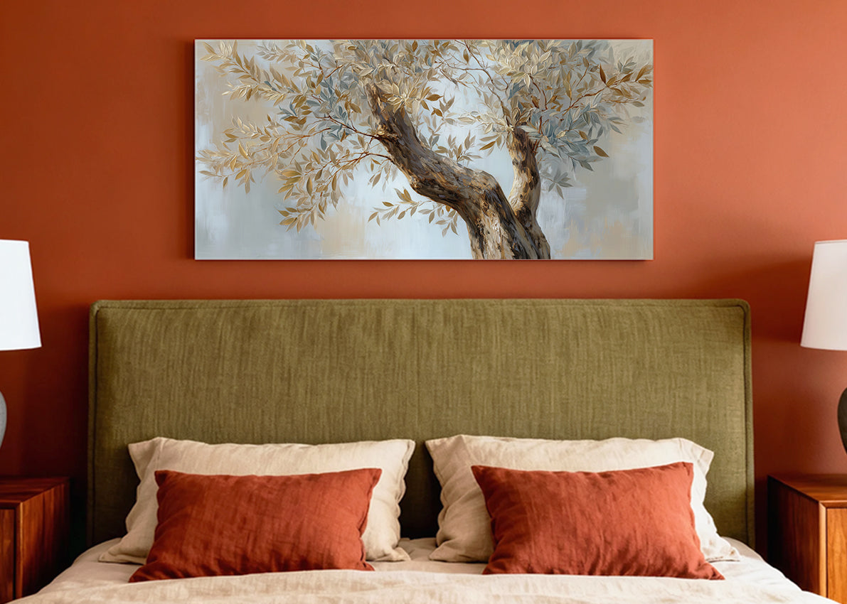Golden Olive Branch Canvas Wall Art – Elegant Neutral Tree Painting – Single & 3 Panel Canvas – AI PRINT LAB