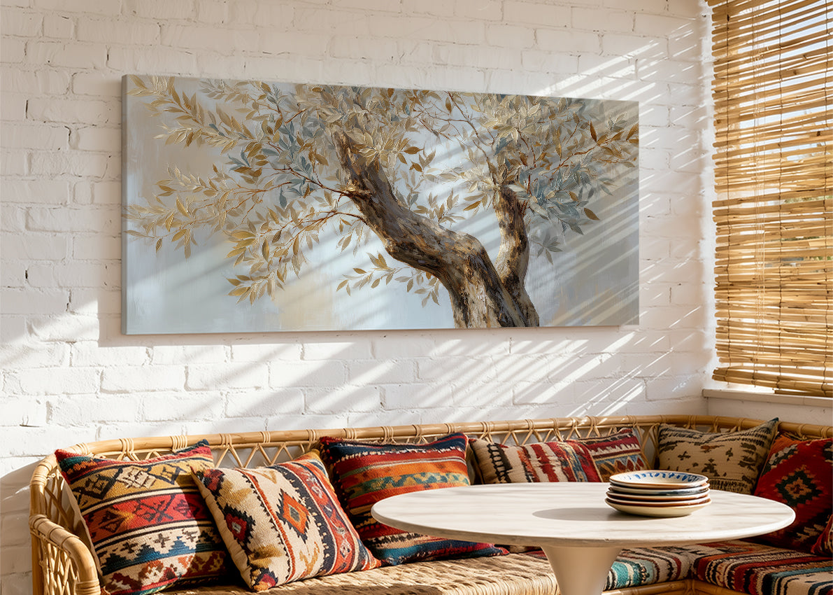 Golden Olive Branch Canvas Wall Art – Elegant Neutral Tree Painting – Single & 3 Panel Canvas – AI PRINT LAB