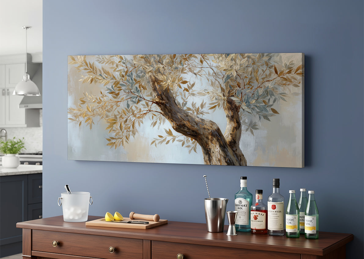 Golden Olive Branch Canvas Wall Art – Elegant Neutral Tree Painting – Single & 3 Panel Canvas – AI PRINT LAB