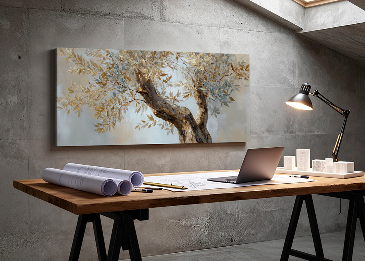 Golden Olive Branch Canvas Wall Art – Elegant Neutral Tree Painting – Single & 3 Panel Canvas – AI PRINT LAB